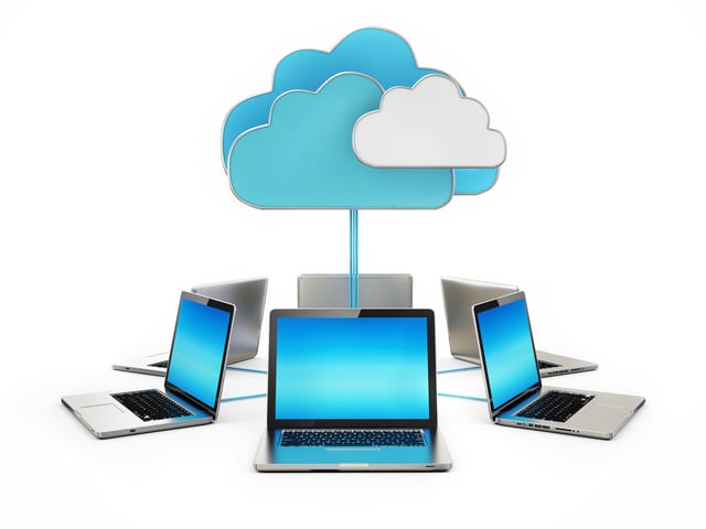 Image of laptops in a circle connected to clouds above them