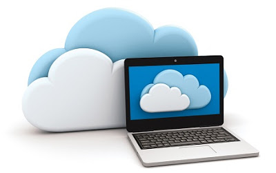 Graphic of a laptop in front of some clouds
